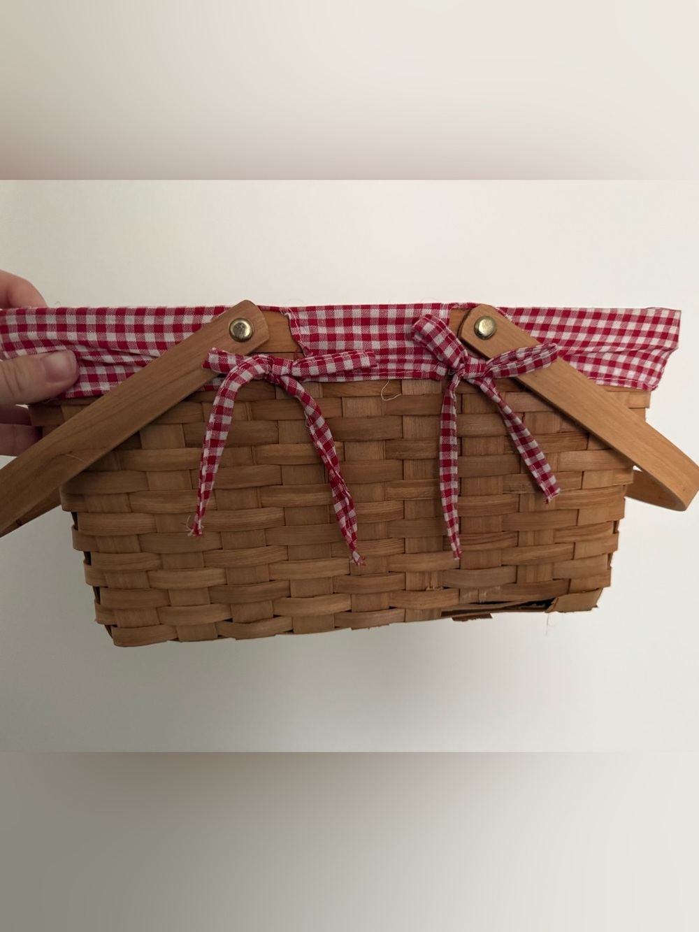 Handwoven Wicker Picnic Basket with Red Gingham Lining